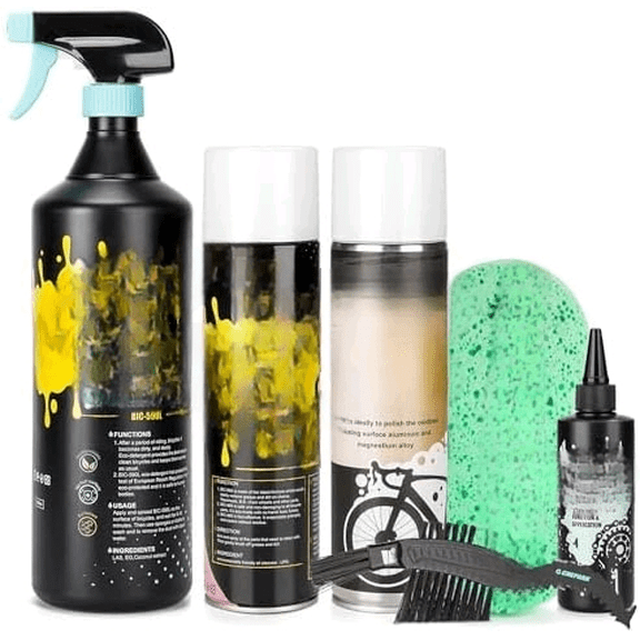 Bike Cleaning Kit - Bicycle Wash & Drivetrain Clean Essentials Kit with bike clean,Bicycle Degreaser,PTFE Lubricant,bike polish,Cleaning Brush Tool and Sponge for Mountain Road Bikes