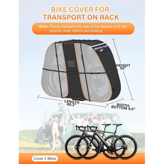 Bike Cover for Transport On Rack - Heavy Duty & Waterproof 900D Outdoor Storage for Transport 2 Bikes on Car Rear, with Two Elastic straps and License Plate Window, Rain Sun Dust Wind Proof