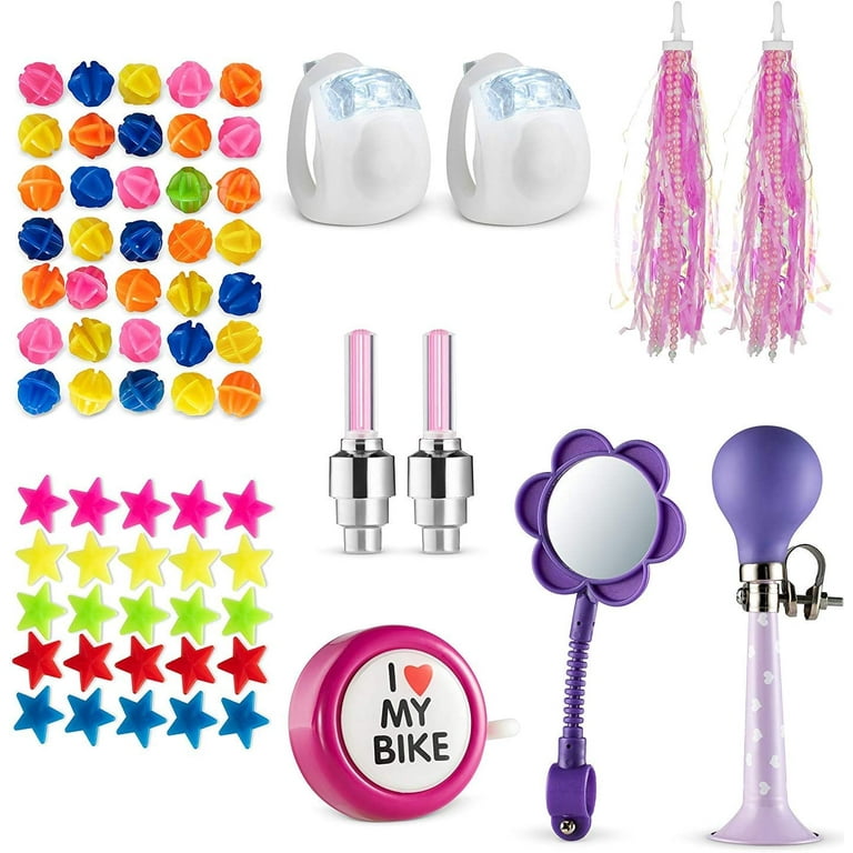 Bike Decoration Accessories Kit for Kids Includes Bike Spoke Beads Bike Mirror Bike Bell Bicycle Wheel Lights Safety Silicone Lights