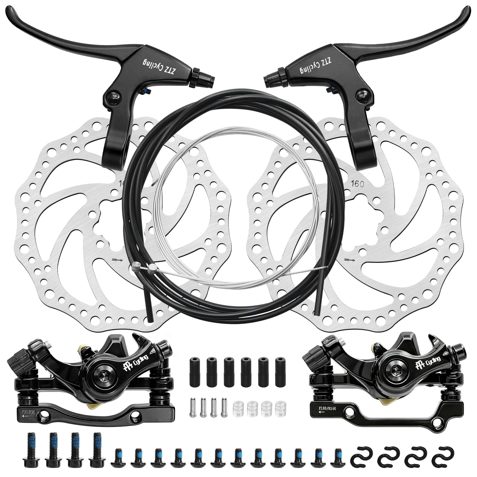 Bike Disc Brake Kit, Aluminum Front and Rear Caliper, MTB Mechanical Line Pulling Disc Brakes Caliper with Aluminum Alloy Levers, 2 Pcs 160 mm Rotors & Cable & Brake Lever for Mountain Bike