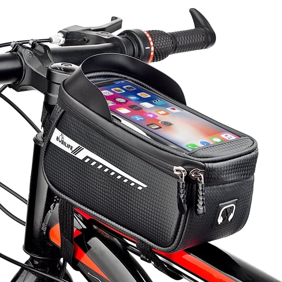 Bike Frame Bag with Cell Phone Holder - Waterproof Bicycle Front Tube Bag with Phone Case Mount Pouch Compatible for iPhone, Galaxy Phone and Most Smart Phones under 7’’