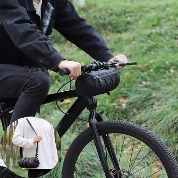 Bike Front Beam Bag | Cylindrical Crossbody Shoulder Strap | Waterproof Nylon | Large 5L Capacity | Multifunctional Storage | Easy Install | Fits Handlebar Saddle Frame | 24x12x12cm | Black