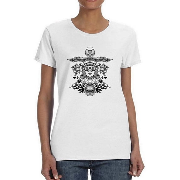 Bike Girl W Roses Lineart Shaped T-Shirt Women -Image by Shutterstock, Female XX-Large