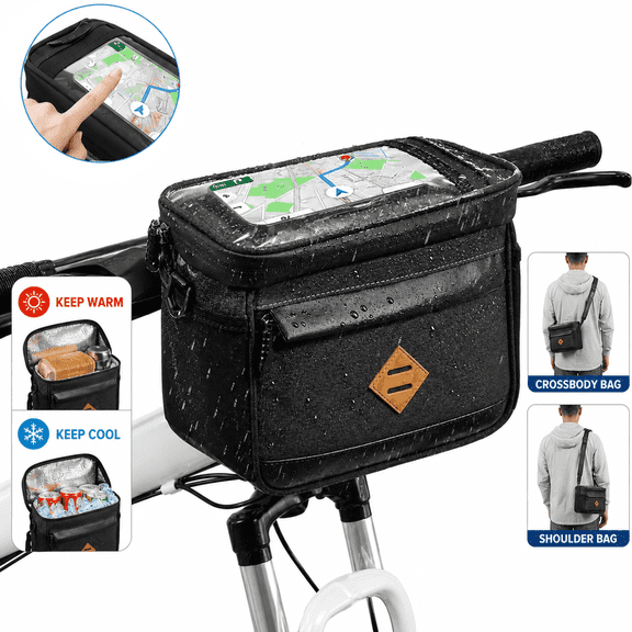 Petbank Bike Bags, Bike Handlebar Bag with TPU Touch Screen, Waterproof Bicycle Front Bag 4L Insulated Cooler Pouch with Shoulder Strap, for Mountain Road Bike Cycling Travel, Black
