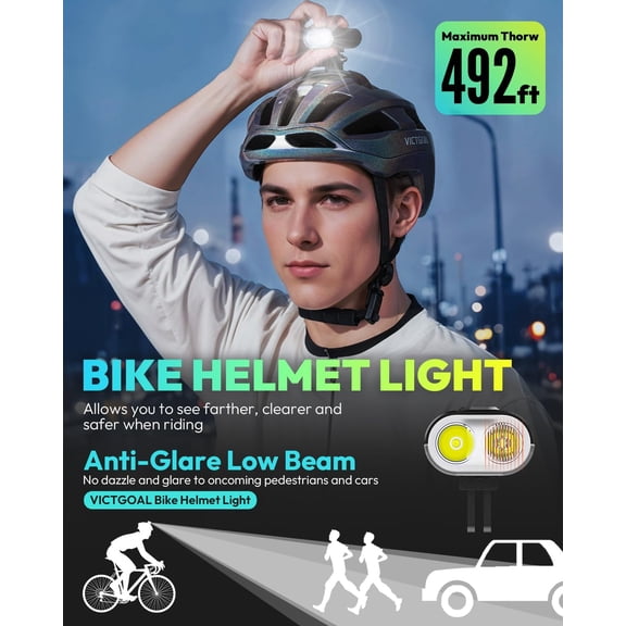 Bike Helmet Light 800 Lumens Rechargeable 13 Modes Front Light with High & Low Beam, Waterproof Bicycle Helmets Light with Dual Mounts for Helmet & Handlebar for Night Cycling