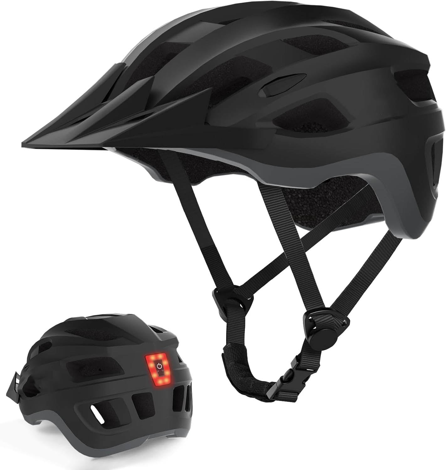 Bike Helmet, Lightweight Mountain Bicycle Helmet with USB Rechargeable LED Rear Light, Removable Sun Visor for Cycling and Commuting