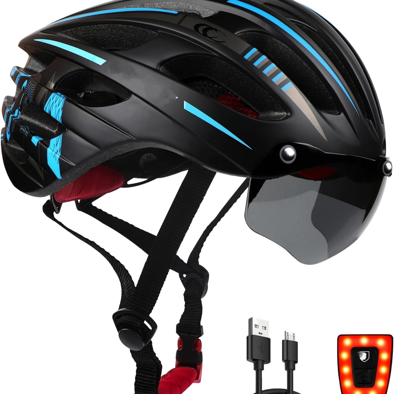 Bike Helmet with USB Rechargeable Light & Detachable Magnetic Goggles UV Protective, Bicycle Helmet Men Women Mountain Road Adjustable Adult Cycling Helmet