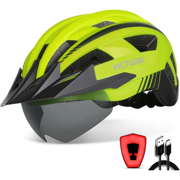 Bike Helmet with USB Rechargeable Rear Light Detachable Magnetic Goggles Removable Sun Visor Mountain & Road Bicycle Helmets for Men Women Adult Cycling Helmets