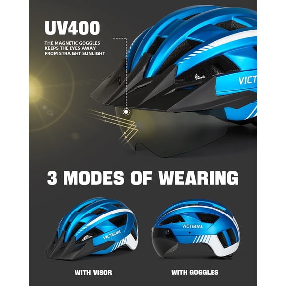 Bike Helmet with USB Rechargeable Rear Light Detachable Magnetic Goggles Removable Sun Visor Mountain & Road Bicycle Helmets for Men Women Adult Cycling Helmets