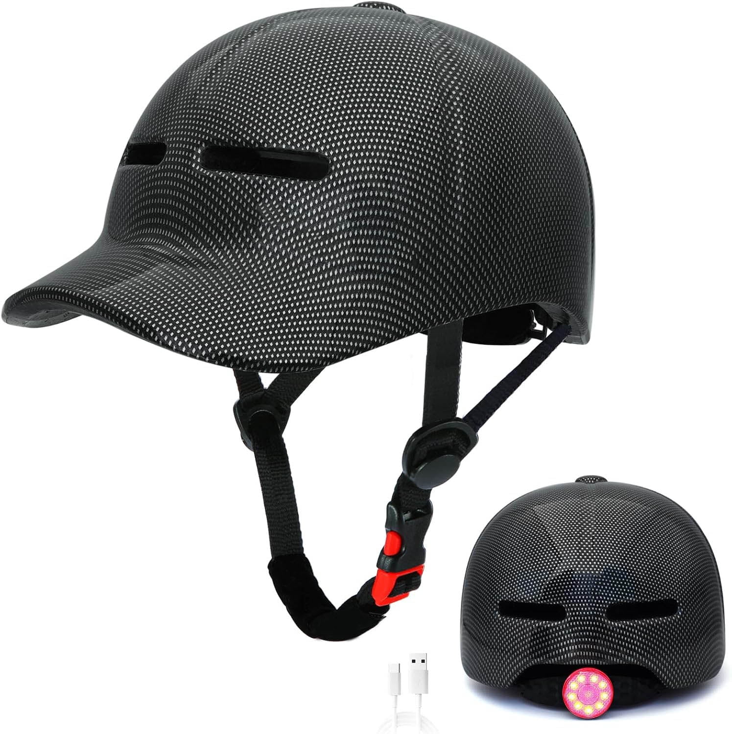 Bike Helmet - with LED Rear Lights - Baseball Cap Style Adjustable for Commuter Cycling Biking Skating