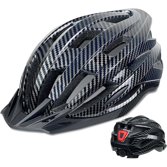 Bike Helmet with Multi-Mode Rear LED Light, Lightweight Adjustable Dial, Side and Chin Strap, Carbon Black Shiny Surface