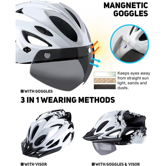 Bike Helmet with USB Rechargeable LED Light Detachable Goggles and Sun Visor, Mountain & Road Bicycle Helmets for Men Women Adult Cycling Helmets
