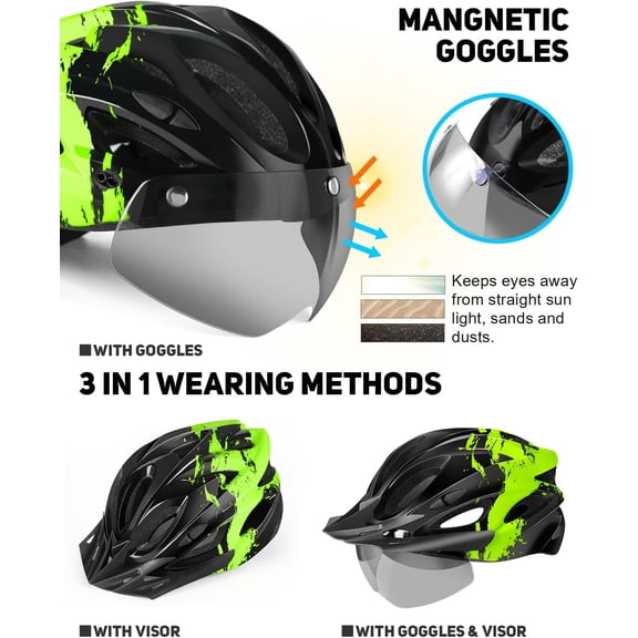 Bike Helmet with USB Rechargeable LED Light Detachable Goggles and Sun Visor