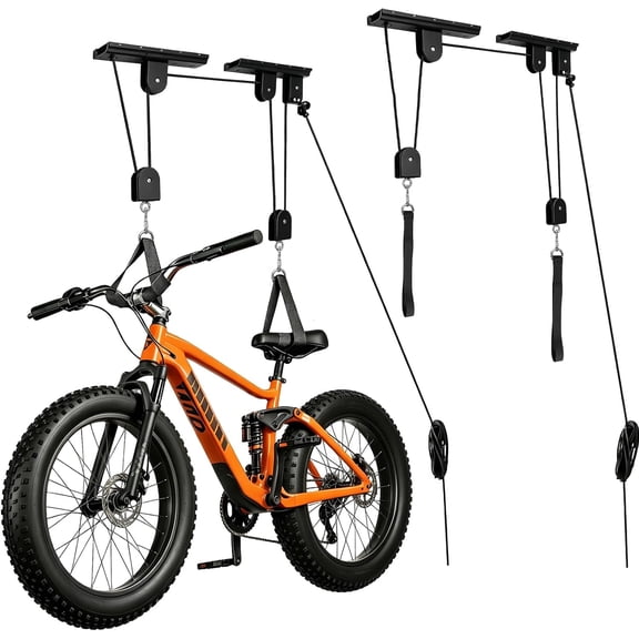Bike Hoist,Ceiling Mount Bike Hanger,Heavy Duty Bike Hangers for Garage,Bike Pulley System for Garage,Holds Up to 100 lbs,Ceiling Bike Hanger for Ebike,Road Bike,Fat Tire,Snowboard(2 Pack)
