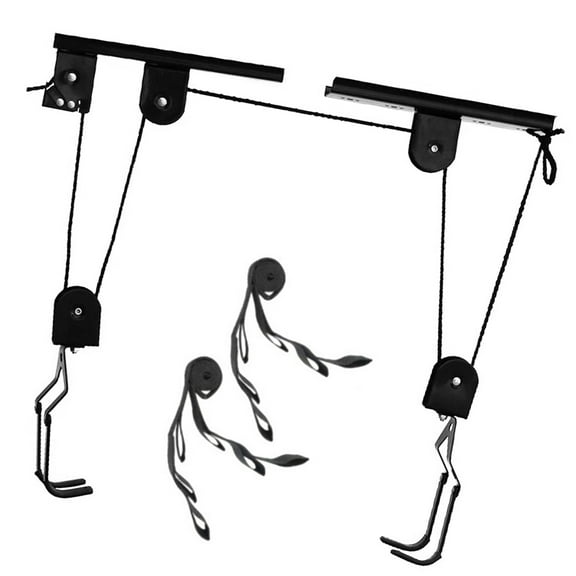 Bike Hoist Garage  Lift Pulley System 60kg Steel Black 2 Rack Hooks