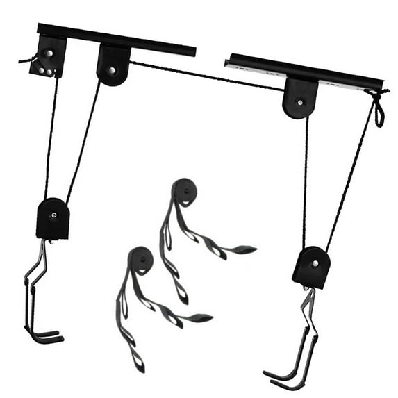 Bike Hoist Garage Lift Pulley System 60kg Steel Black 2 Rack Hooks