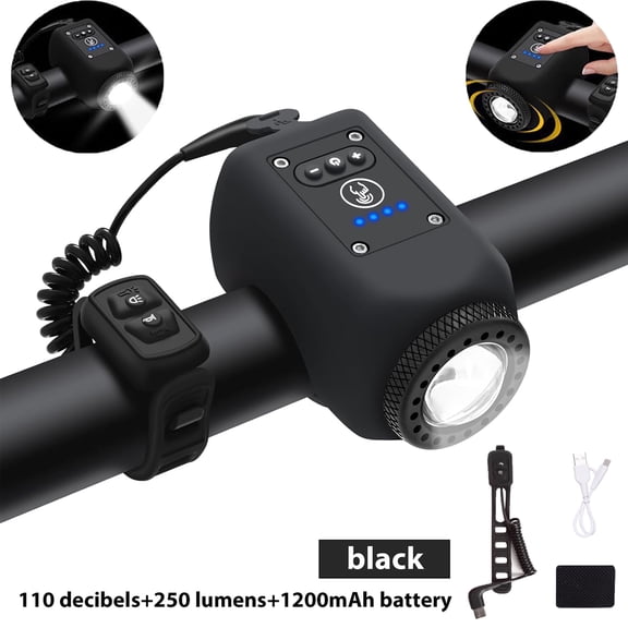 Bike Horn with Light,110 dB Loud Bicycle Horn, Electric Bike Headlight with 4 Light Modes, 6 Sounds Adjustable Volume, Rechargeable Battery Bike Front Light for Road, Mountain, Commuter Bicycles