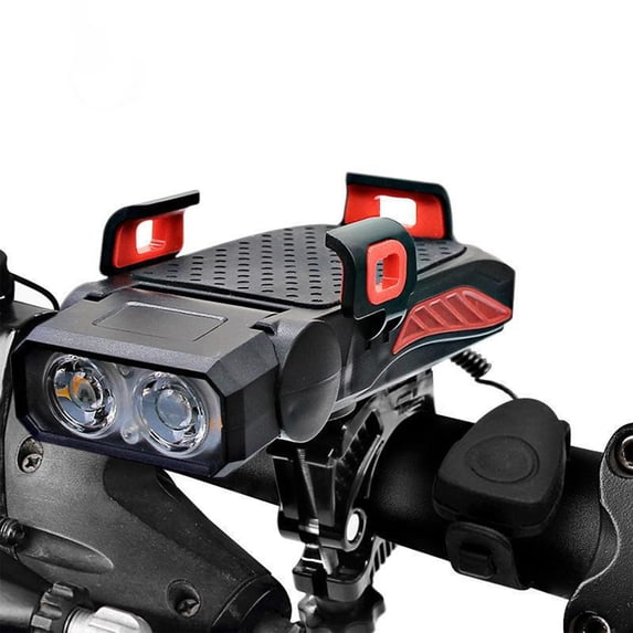 Bike Light Night Riding Headlight Phone Stand, Red Plastic, Multi-Function Waterproof USB Charging Mount with High Brightness for Enhanced Visibility and Emergency Power