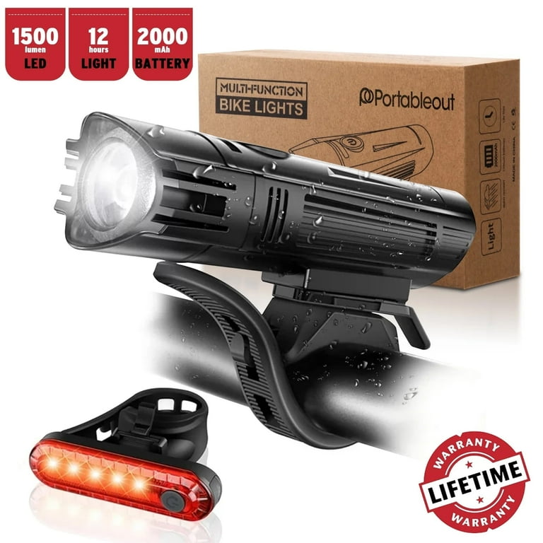 PortableOut Bike Light Set, USB Rechargeable, Ultra Bright 1500 LM