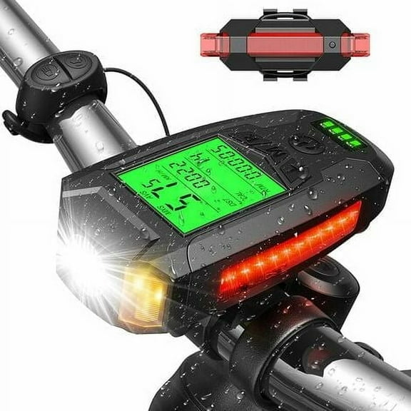 Bike Light, USB Rechargeable Bike Light with Speedometer Bike Computer LED Bike Lamp Front & Rear Powerful Light for MTB Cycling Bicycle Mountain Bike