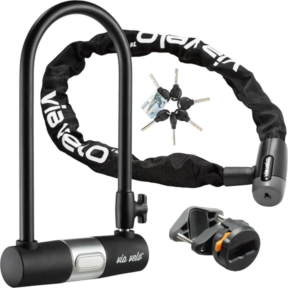 Bike Lock 2 Sets U Lock Sold Secure Silver 15mm Shackle, 9x4.5in and Bike Chain Lock, 8mm Chain, 2.96ft Length, Same Key System 6 Keyed Alike Keys, for All Bikes, Electric Bikes