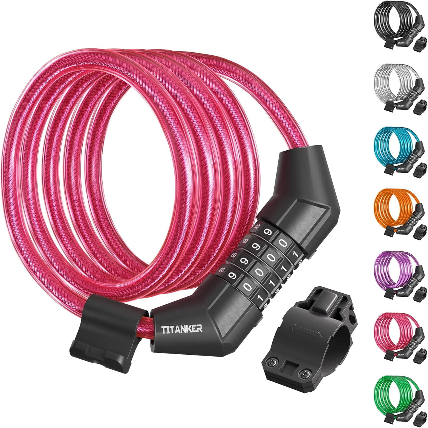Bike Lock Cable, 4 Feet Bike Cable Lock Basic Self Coiling Kids Bike Lock Combination with Complimentary Mounting Bracket, 5/16 Inch Diameter (4FT, Pink-8mm)