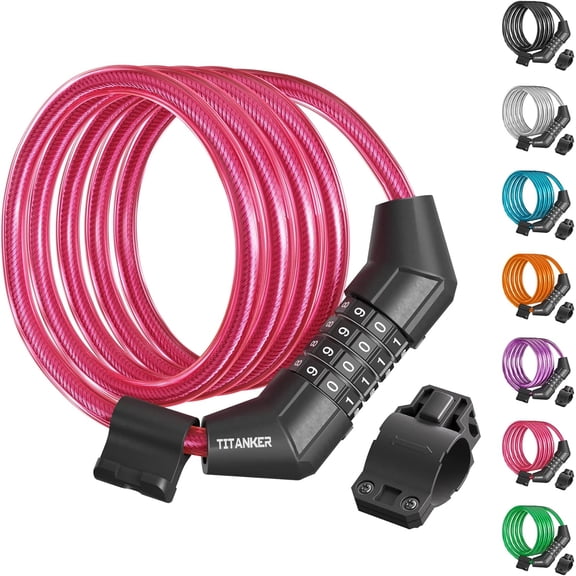 Bike Lock Cable, 4 Feet Bike Cable Lock Basic Self Coiling Kids Bike Lock Combination with Complimentary Mounting Bracket, 5/16 Inch Diameter (4FT, Pink-8mm)