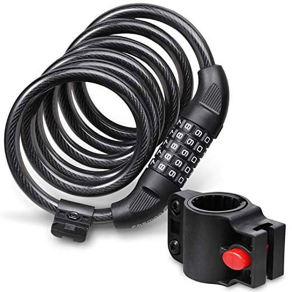 Bike Lock Cable (6 Feet),Heavy Duty 5-Digit Self Coiling Resettable Combination Code,Bicycle Chain Flexible Steel Security Cable Lock with Bike Mount Holder - Black