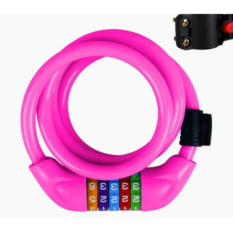 Bike Lock Cable. Bicycle Cable Lock with 5 Digit Combination Alloy Lock Head. Resettable Combination Kids Bike Cable Lock. 2 Ft x 1 2 in Rose Red