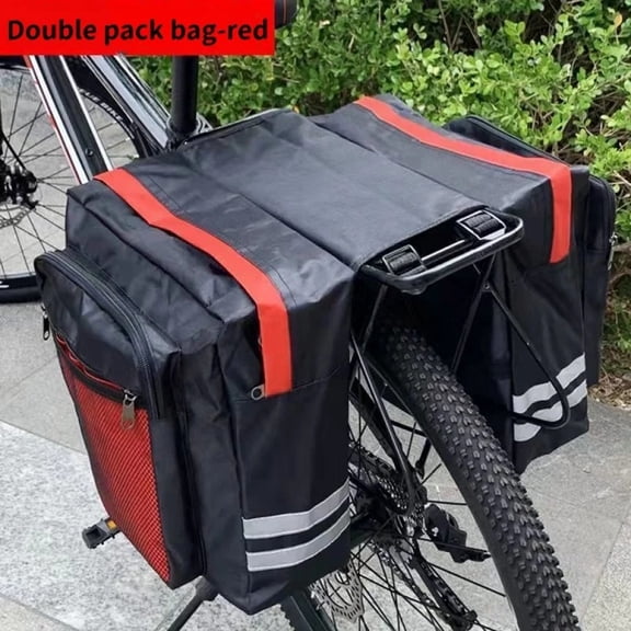 Bike Pannier Bag, Double-Sided Waterproof Rear Rack Bag, Large Capacity Bicycle Saddle Bag with Reflective Strips for Commuting, Travel & Shopping, Black/Red