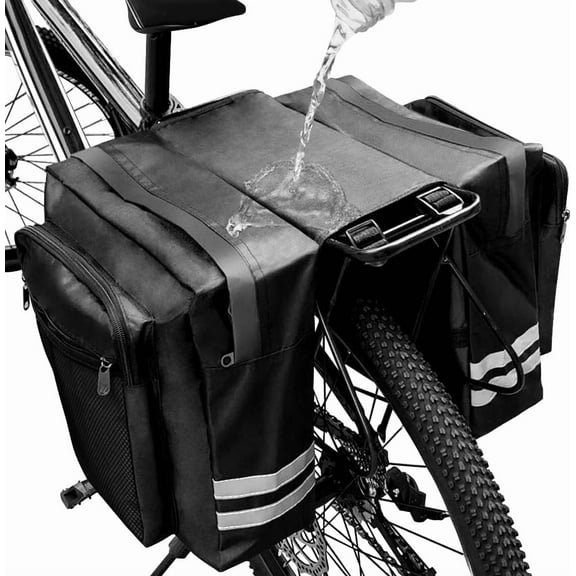 Bike Pannier Saddle Bags - Double Rear Rack Bag with Reflective Trim, Adjustable Hooks & Large Pockets for Mountain/E-Bike/Adult Road Bike(Black)
