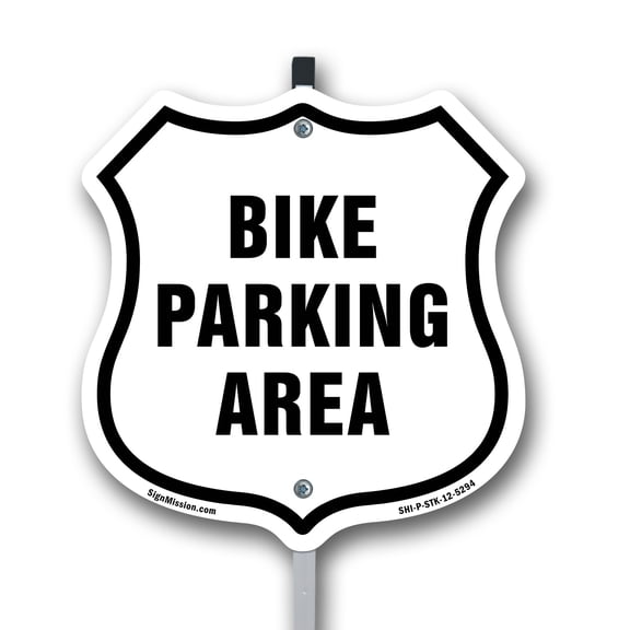 Bike Parking Area 12 inch X 12 inch Shield Shaped Rust-Free Aluminum Metal Sign with Aluminum Mounting Stake Weather Resistant Made in the USA