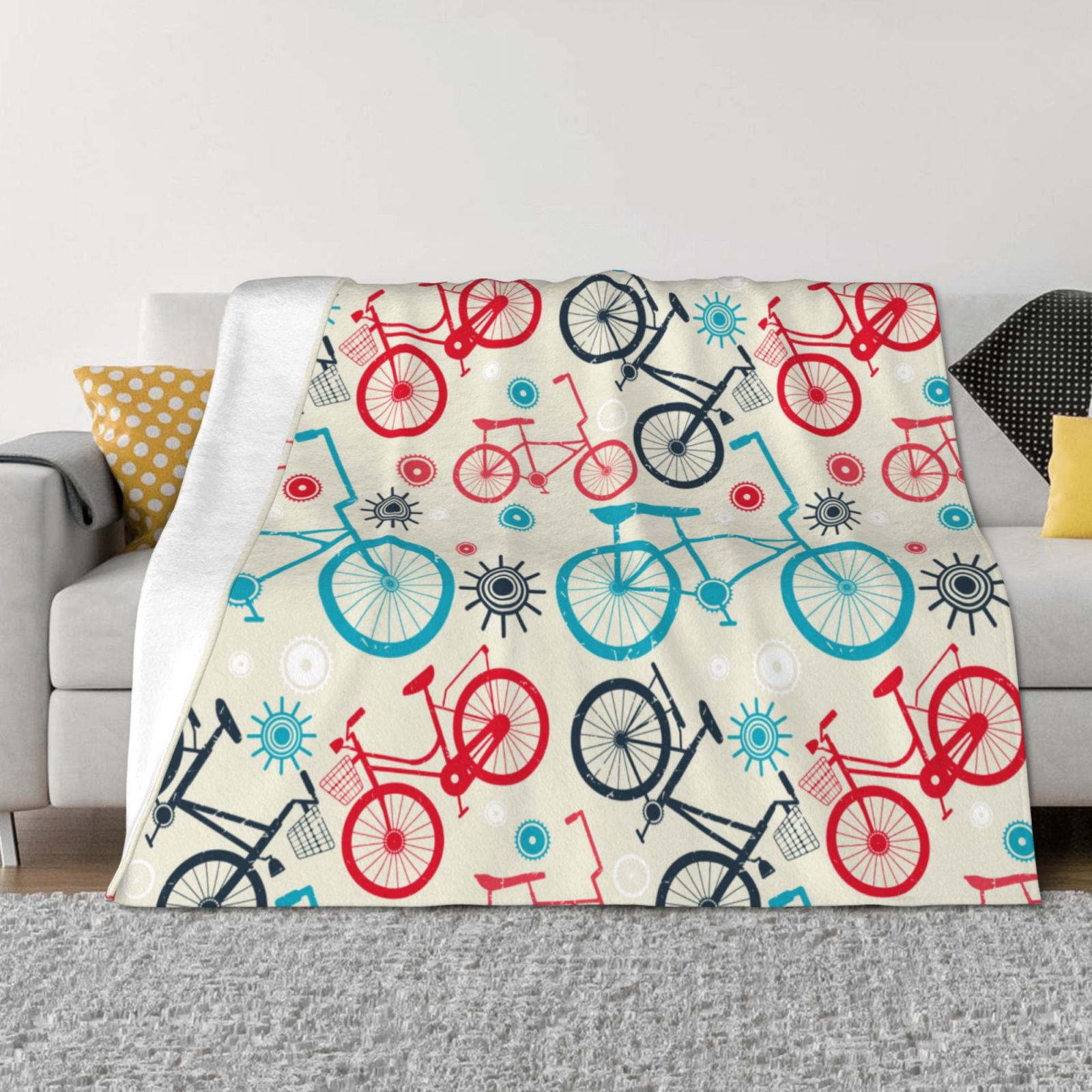 Bike Pattern red blue Throw Blanket for Couch, Soft Fuzzy Comfy Warm