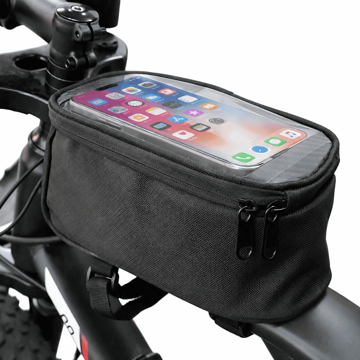 Bike Phone Front Frame Bag Waterproof, 6.5" Touch Screen Bicycle Top Tube Bag with TPU Screen, Dual Storage, Velcro Mount, Bike Phone Holder for Road Mountain Bikes