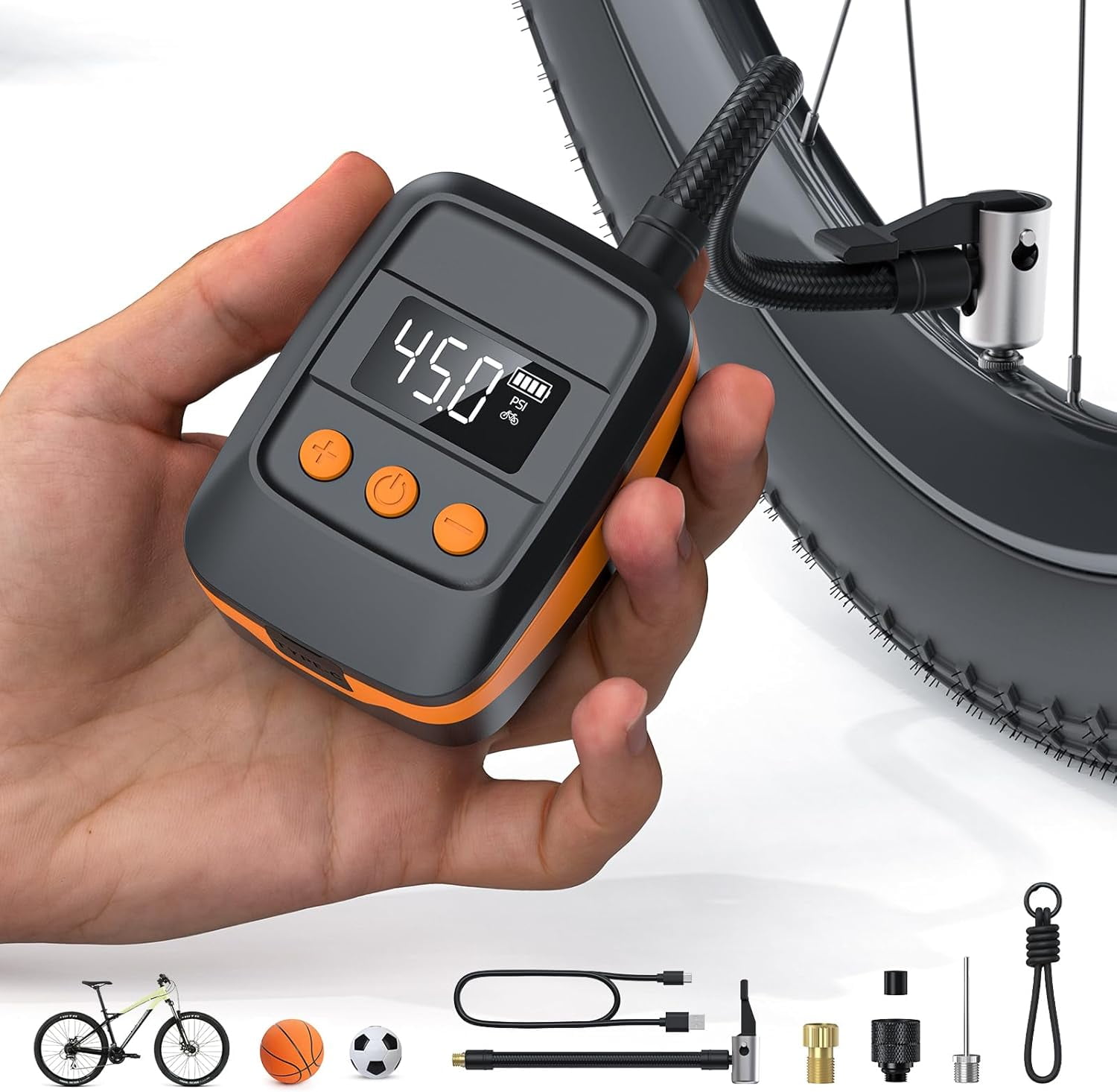 Bike Pump Electric Bike Tire Pump with Gauge, 150 PSI Electric Bicycle Pump, Auto Shut-Off, Portable Bike Tire Inflator for Presta and Schrader Valve, Mini Bike Air Pump Electric