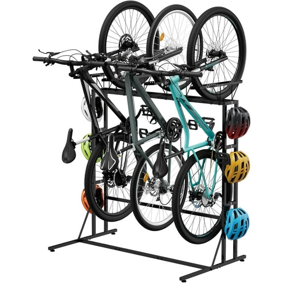 Bike Rack Garage Floor Bike Storage Stand with 6 Hooks, Indoor Vertical Bicycle Organizer for 3 Adult Mountain/Road &1 Kids Bikes, Max Tire Width 2.6”, Black