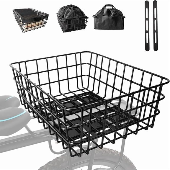 Bike Rear Basket with Liner – Waterproof Cover + Cargo Net, Large Heavy-Duty for Bikes & E-Bikes