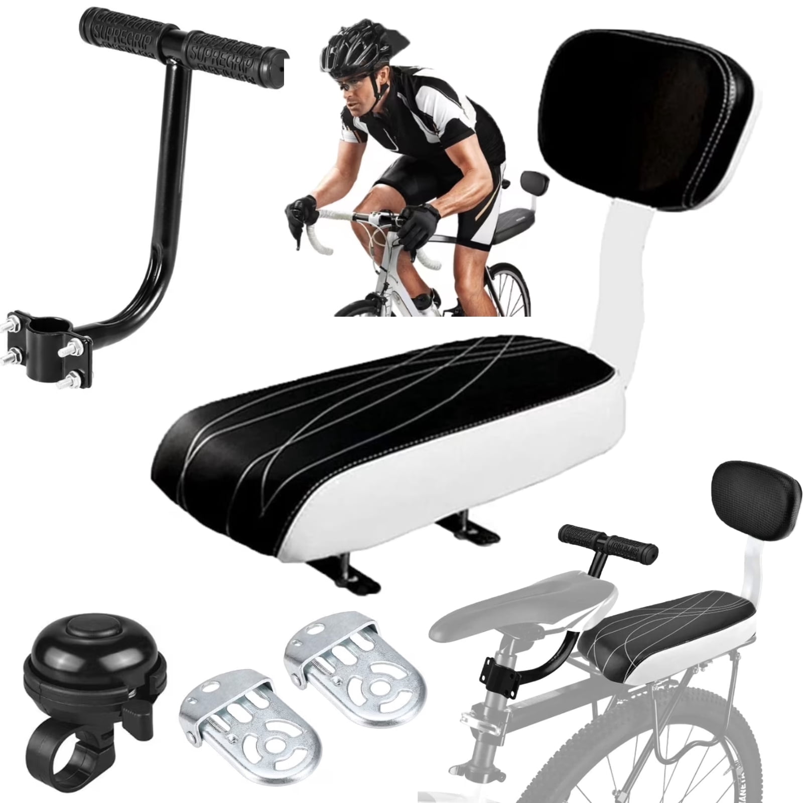Bike Rear Seat Kit,Safety Carrier Bicycle Seat, Including Cushion and Backrest, Armrest Handrail, Footrests, Bell, Rear Bicycle Seat for Adults