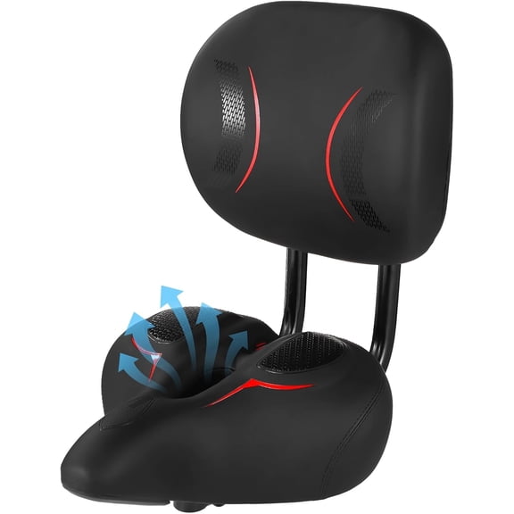 Bike Seat with Backrest - Oversized Bicycle Saddle with Back Support, Wide Bike Padded PU Cushion Saddle, Universal Saddle Replacement for Tricycle, Height Adjustable, Black Red