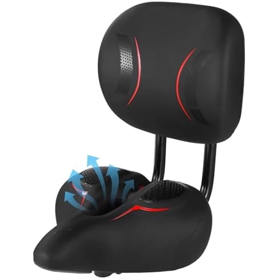 Bike Seat with Backrest - Oversized Bicycle Saddle with Back Support, Wide Bike Padded PU Cushion Saddle, Universal Saddle Replacement for Tricycle, Height Adjustable, Black Red