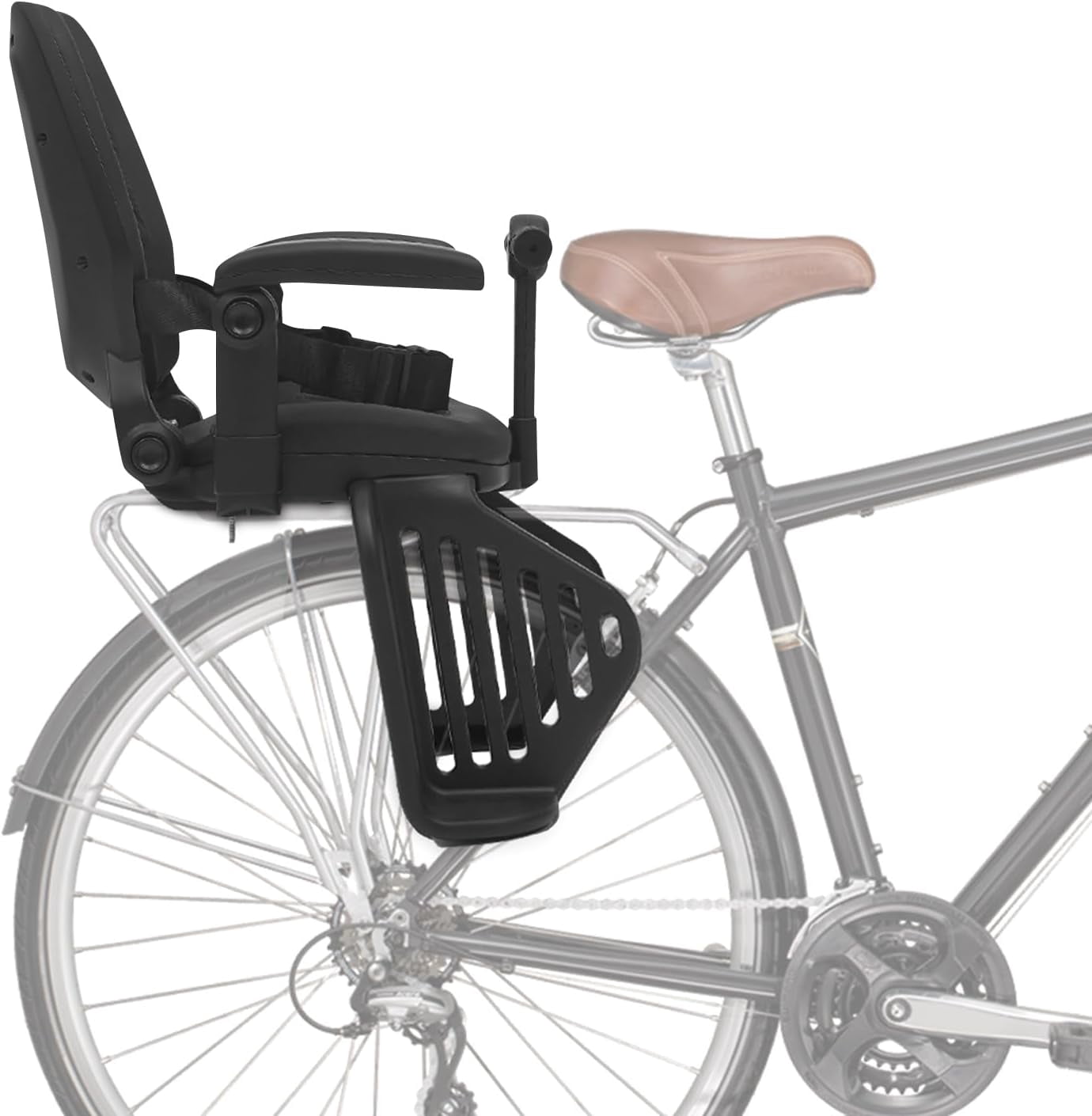 Bike Seat Rear Bicycle Seat with Back Rest Armrest Foot Pedals Bike Attachment Backrest Adjustable Fits All Bicycle Rear Frames (Black)