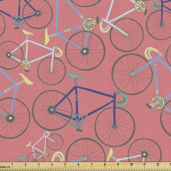 Ambesonne Bike Fabric by the Yard Upholstery, Colorful Retro Racing Bicycles, 1 Yard, Coral and Multicolor