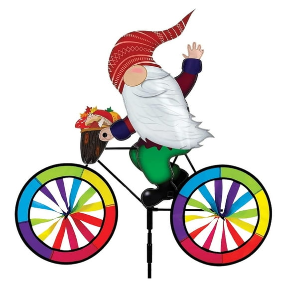Bike Spinner Forest Gnome 30"  Whimsical Woodland Design, Weather-Resistant Outdoor Decor, Durable & Lightweight for Patios, Yards, and Gardens - Eye-Catching Wind Spinner with Rotating Wheels