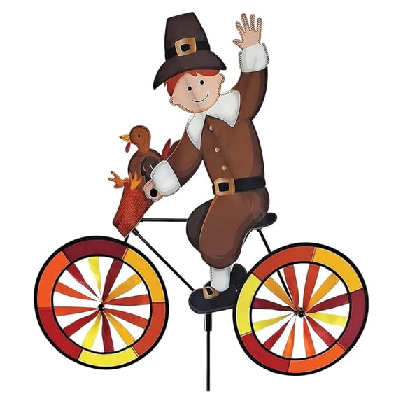 Bike Spinner Pilgrim 30" Thanksgiving Harvest Design, Weather-Resistant Outdoor Decor, Durable & Lightweight for Patios, Yards, and Gardens - Eye-Catching Wind Spinner with Rotating Wheels