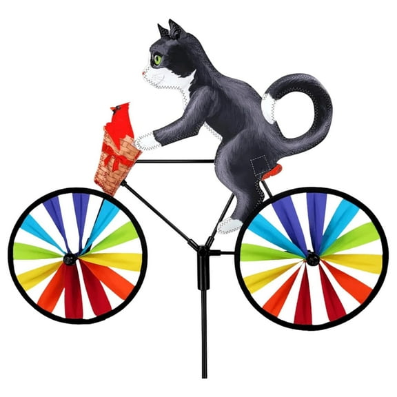Bike Spinner Tuxedo Cat 20" Feline Design, Weather-Resistant Outdoor Decor, Durable & Lightweight for Patios, Yards, and Gardens - Eye-Catching Wind Spinner with Rotating Wheels