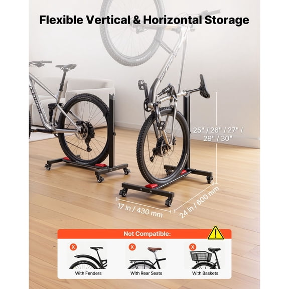 Bike Stand 2 Pack, Freestanding Vertical & Horizontal Bike Storage Rack, with Lockable Casters, Height Adjustable Carbon Steel Upright Garage Bicycle Floor Stand, for 20-29 in Wheels, Black