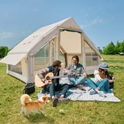 6 Person Inflatable Camping Tent with Pump, 10ft x7ft Glamping Family Tent Easy Setup 4 Season Waterproof Windproof Outdoor Blow Up Tent Luxury Oxford Cabin with Mesh Windows & Doors
