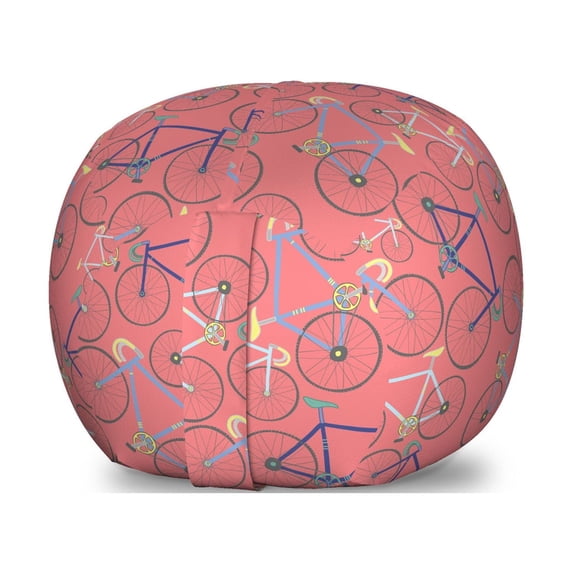 Bike Storage Toy Bag Chair, Vintage Themed Repetitive Pattern of Colorful Retro Racing Bicycles, Stuffed Animal Organizer Washable Bag, Small Size, Coral and Multicolor, by Ambesonne