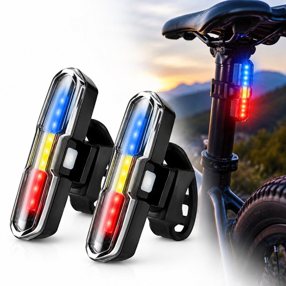 Bike Tail Light 2 Pack, USB C Rechargeable LED Rear Light 5 Modes, IPX4 Waterproof Red Blue White Cycling Light for Road Bikes, MTB, Helmets
