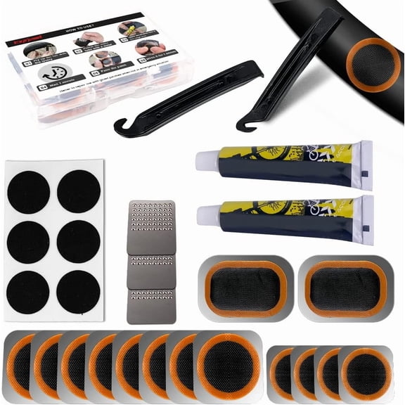 Bike Tire Repair Kit, Bicycle Inner Tube Puncture Patch Kits with Vulcanizing Patches, User Manual, Metal Rasp and Tire Lever, Bike Patch Kit for Mountain and Road Bike